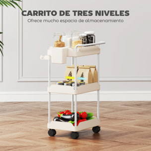 Carrito Auxiliar con Ruedas de 3 Niveles, Carrito de Cocina con Cestas Extraíbles, Ruedas con Freno, Soporte para Toallas y Marco de Metal, Carro de Servicio para Comedor, Salón, Baño, Blanco
