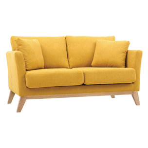 Canapé scandinave déhoussable 2 places en tissu effet velours jaune moutarde et bois clair OSLO