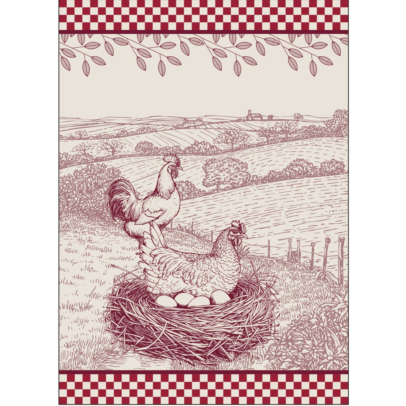Torchon en coton poule campagne - Rouge