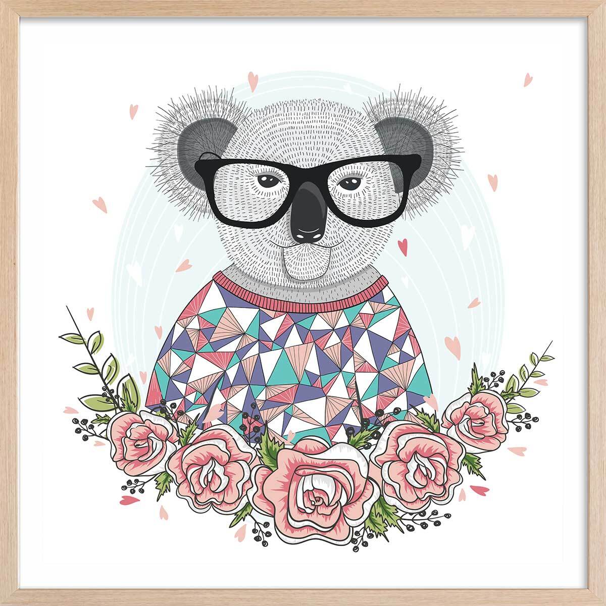 Affiche enfant hipster koala Affiche + cadre en bois - Chêne