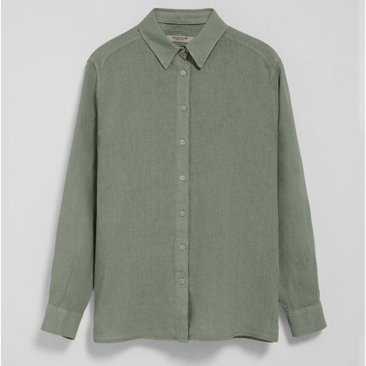 Camisa verde militar garment dye de lino con monograma bordado
