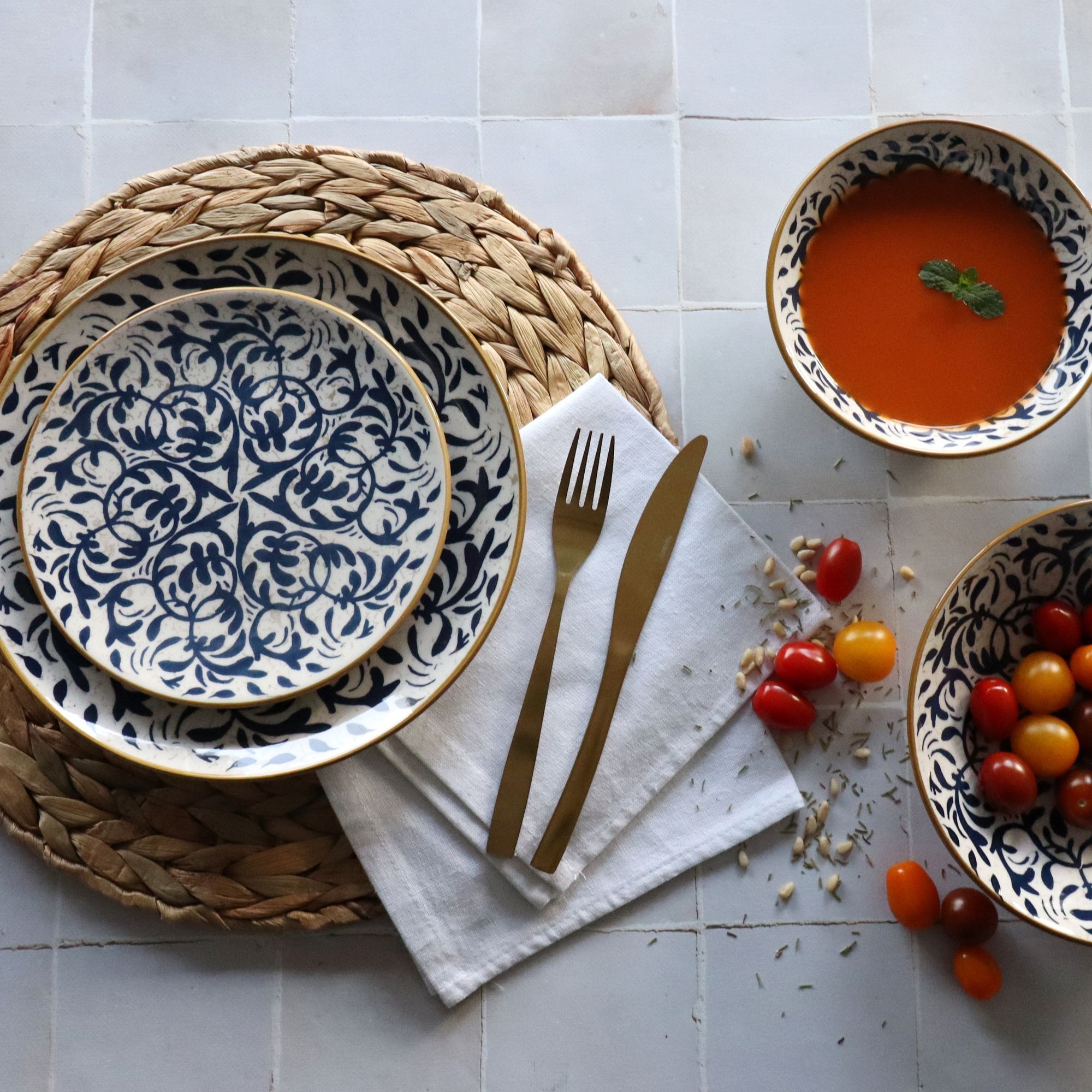Lot de 6 assiettes creuses à motif bleu en grès 20cm HERACLEE