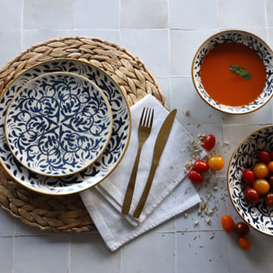 Lot de 6 assiettes creuses à motif bleu en grès 20cm HERACLEE
