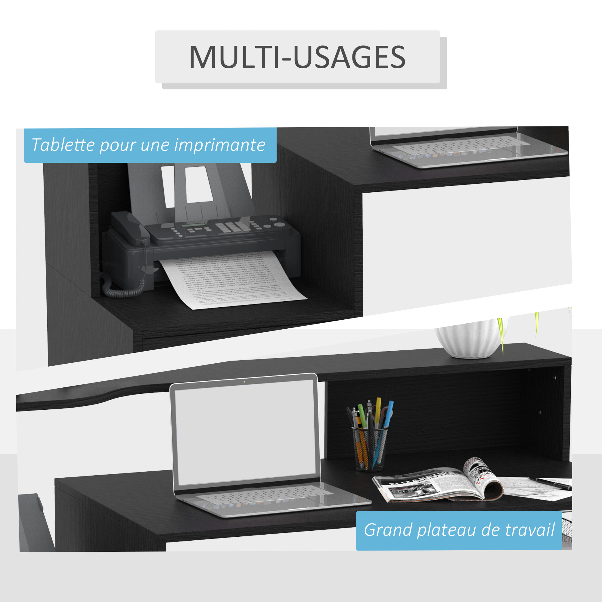 Bureau Informatique multimédia Design Multi-rangements 137 L x 55 l x 92 H cm noir