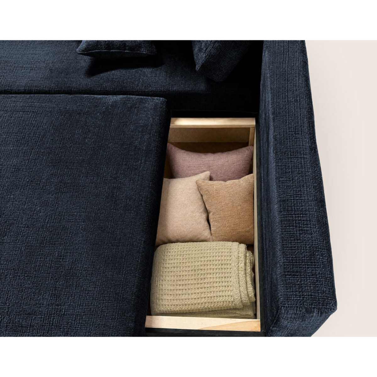 Miro - Canapé d'angle gauche 4 places convertible avec coffre en velours texturé - Bleu