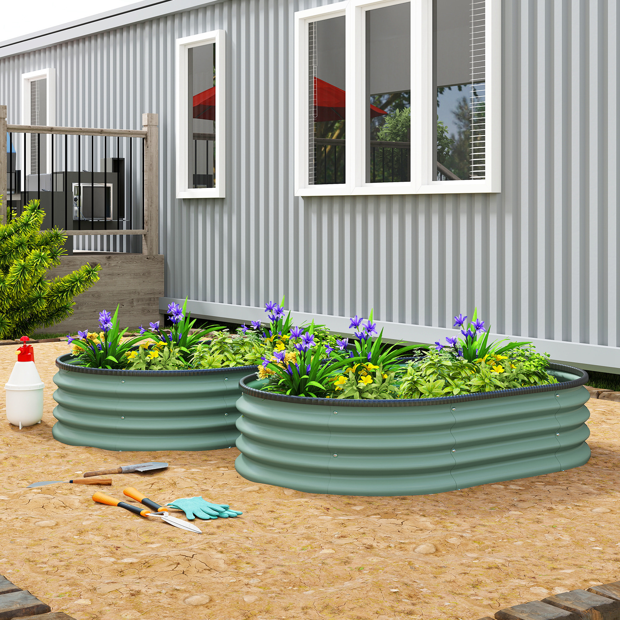 Lot de 2 carrés potagers de jardin - en acier galvanisé - modulaire - 135 x 90 x 30 cm - pour légumes, fleurs - vert