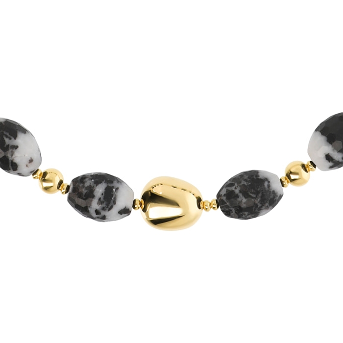 Collana Girocollo in Argento 925 placcato Oro Giallo 18Kt con Pietre Naturali in Diaspro Bianco e Nero Sfaccettato