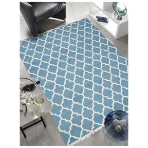 Tapis Kilim tissé à la main en laine motif Géométrique bleu et blanc