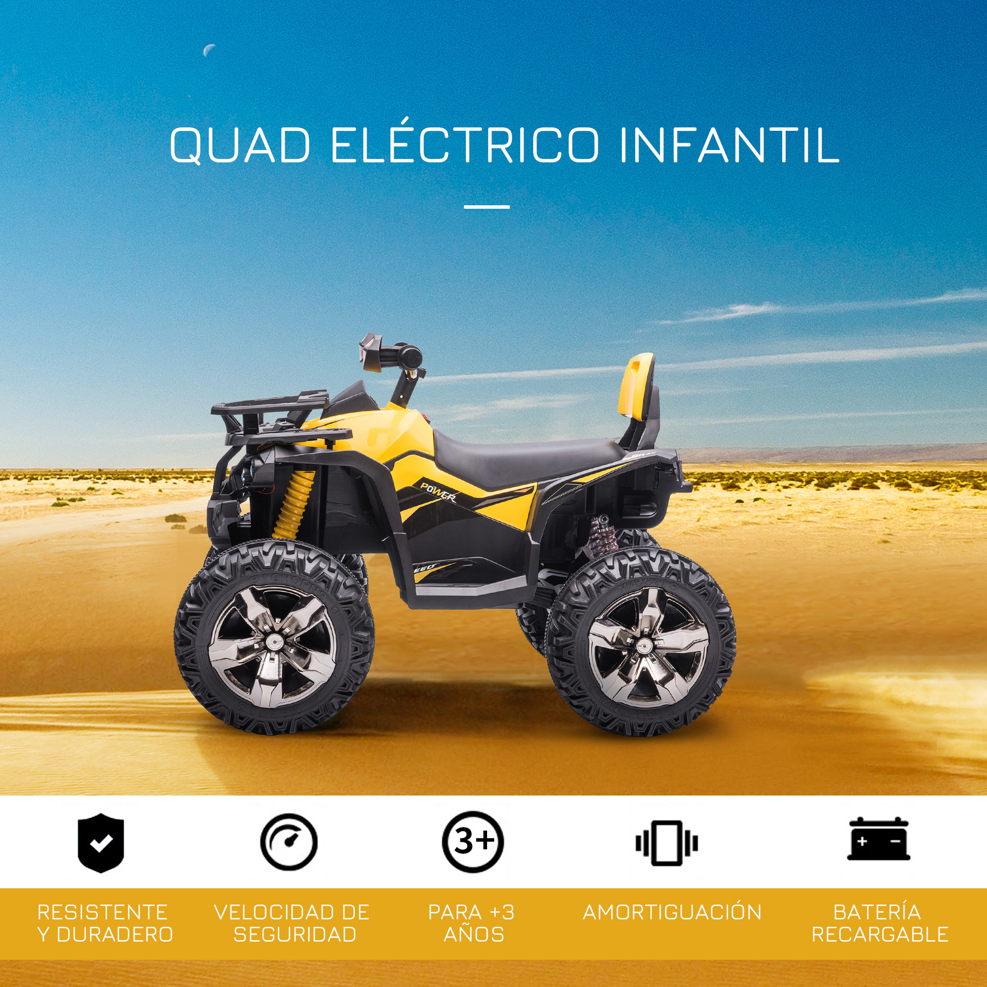 Quad Eléctrico Niños +3 Años 12V con Faros Música Suspensión Retroceso Amarillo