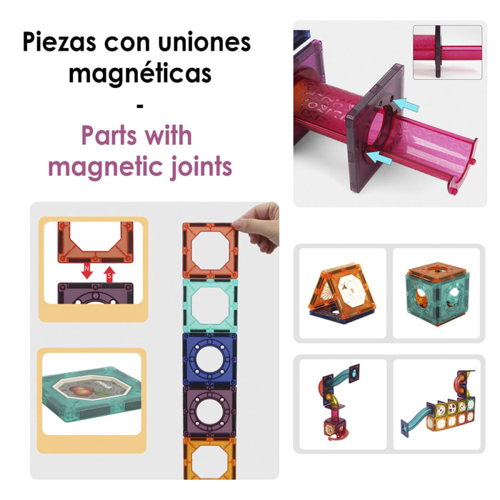 Juego de carrera de canicas. Baldosas magnéticas transparentes, bloques de construcción. 112 piezas.