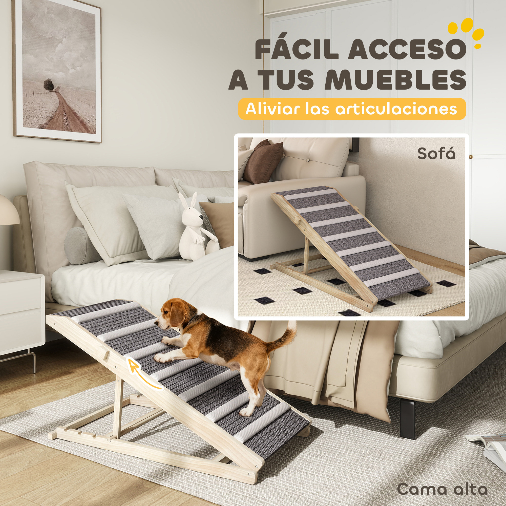 Rampa para Perros Plegable y Altura Ajustable 35-50 cm, Rampa para Mascotas de Madera con Alfombrilla Antideslizante y Asa, para Perros Pequeños Medianos y Grandes, para Cama Sofá, 100x50x50 cm