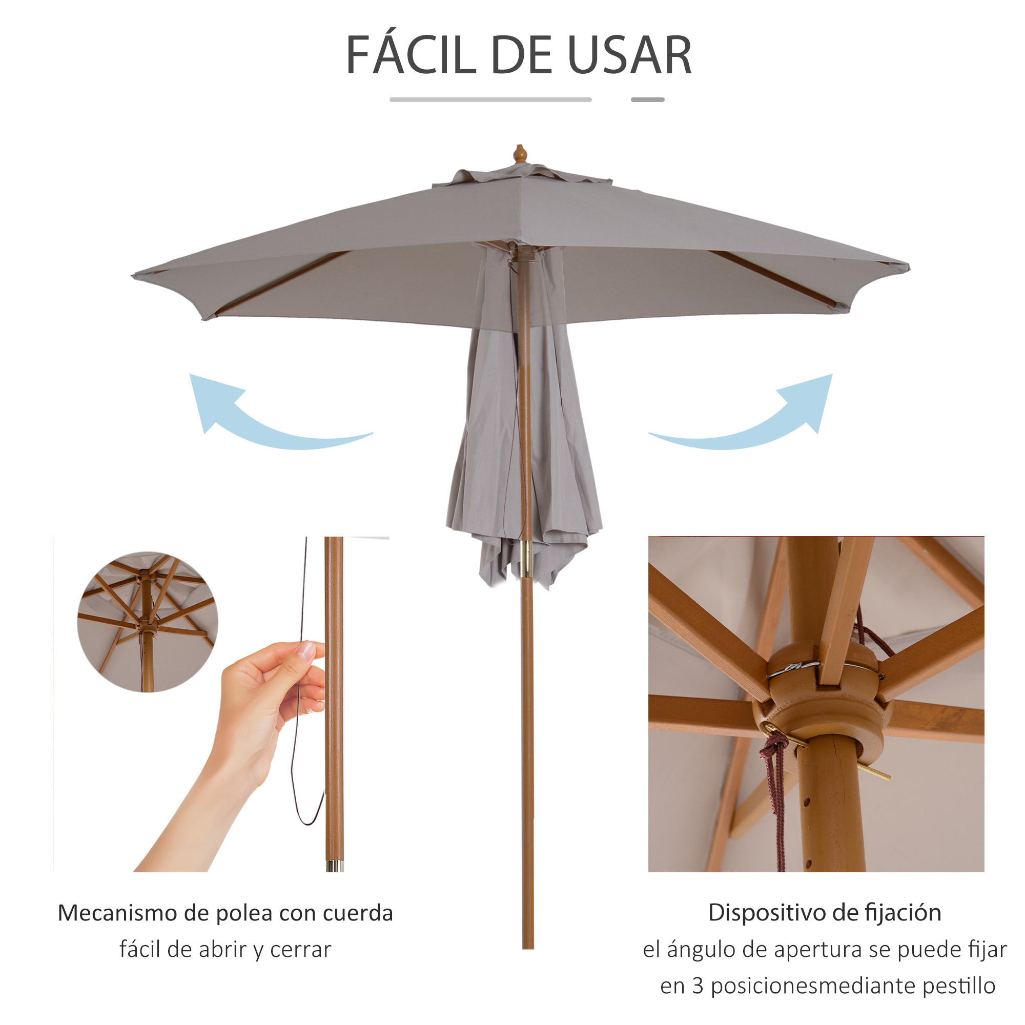 Sombrilla Parasol de Madera Ø250x230 cm para Exterior con 6 Varillas Sistema de Cuerda con Fijación Desmontable Portátil Fácil de Guardar y Transportar Gris