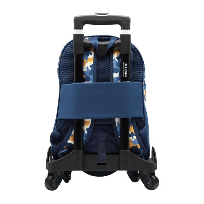 Fortnite Blue Camo mochila primaria doble compartimento + carro con protección lateral y stoper frontal, 4 ruedas multidireccionales.