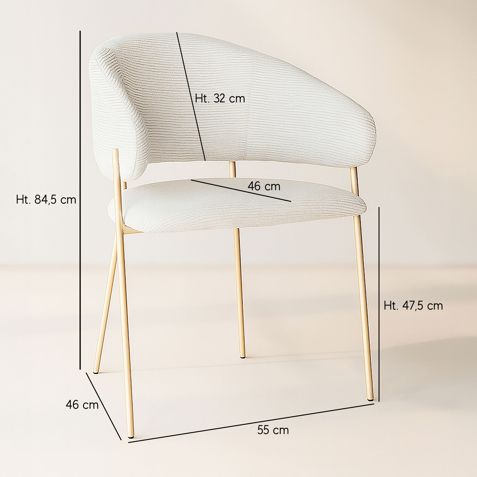 Lot de 2 fauteuils de table en tissu écru et pieds en métal doré EROS