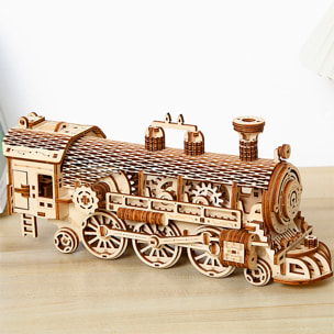 Modello in Legno 3D, design di Locomotiva a vapore con movimento meccanico. 361 pezzi.