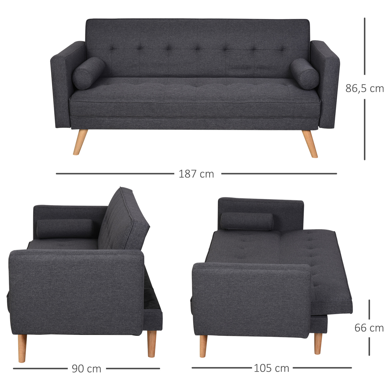 Sofá Cama de 3 Plazas con Reposabrazos 187x90x86,5 cm Gris