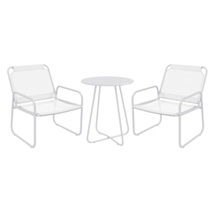Conjunto de Muebles de Jardín Juego de 1 Mesa Redonda y 2 Sillas de Terraza con Marco de Acero Reposabrazos y Almohadillas Ajustables para los Pies para Balcón Patio Blanco