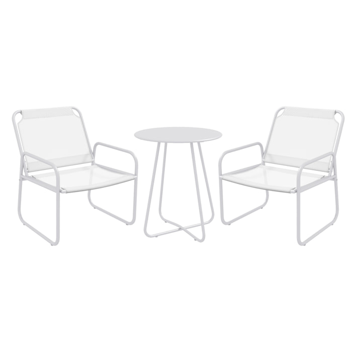 Conjunto de Muebles de Jardín Juego de 1 Mesa Redonda y 2 Sillas de Terraza con Marco de Acero Reposabrazos y Almohadillas Ajustables para los Pies para Balcón Patio Blanco