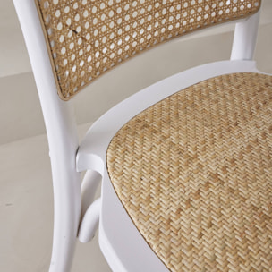 Lot de deux chaises vintage blanches en bois avec assise et dossier en rotin