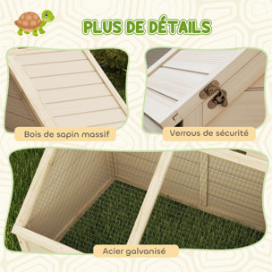 Maison enclos pour tortues - espace niche et enclos - porte haute verrouillable - bois naturel