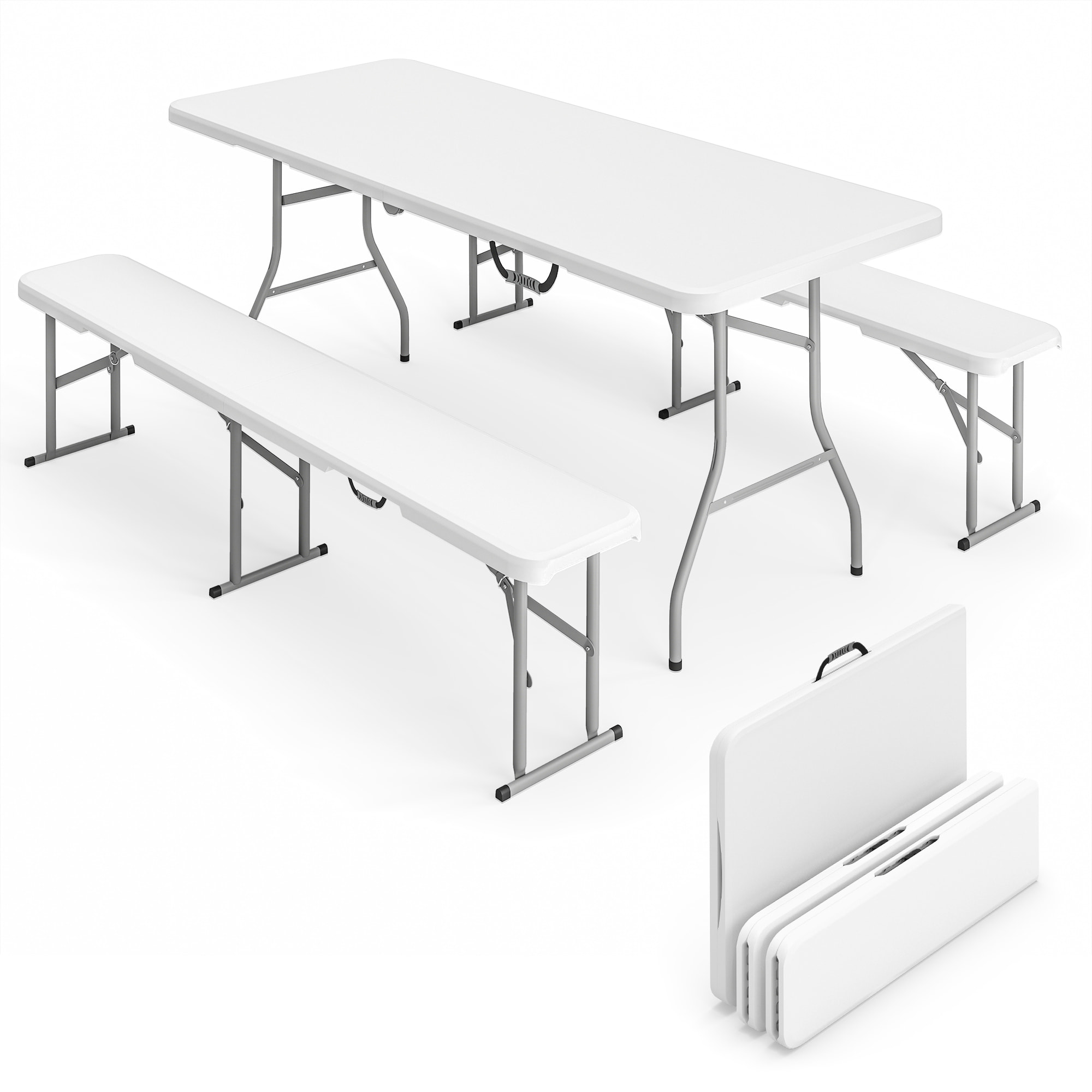 Conjunto de Camping Plegable de 3 Piezas, Mesa Plegable Camping con Bancos, Incluye 1 Mesa de Camping 180x74x74 cm y 2 Bancos, Asas, Impermeable, para Acampadas, Jardín, Pícnic, Blanco