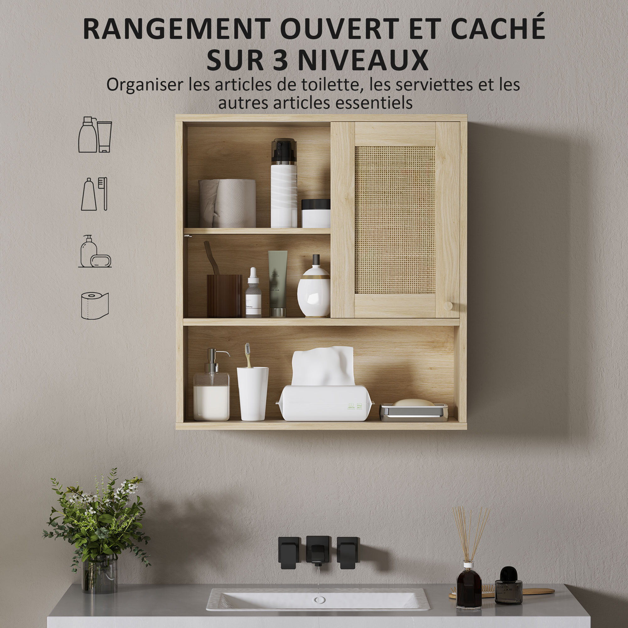 Armoire murale de salle de bain style cosy chic - porte coulissante rotin, étagère, niche - effet bois clair