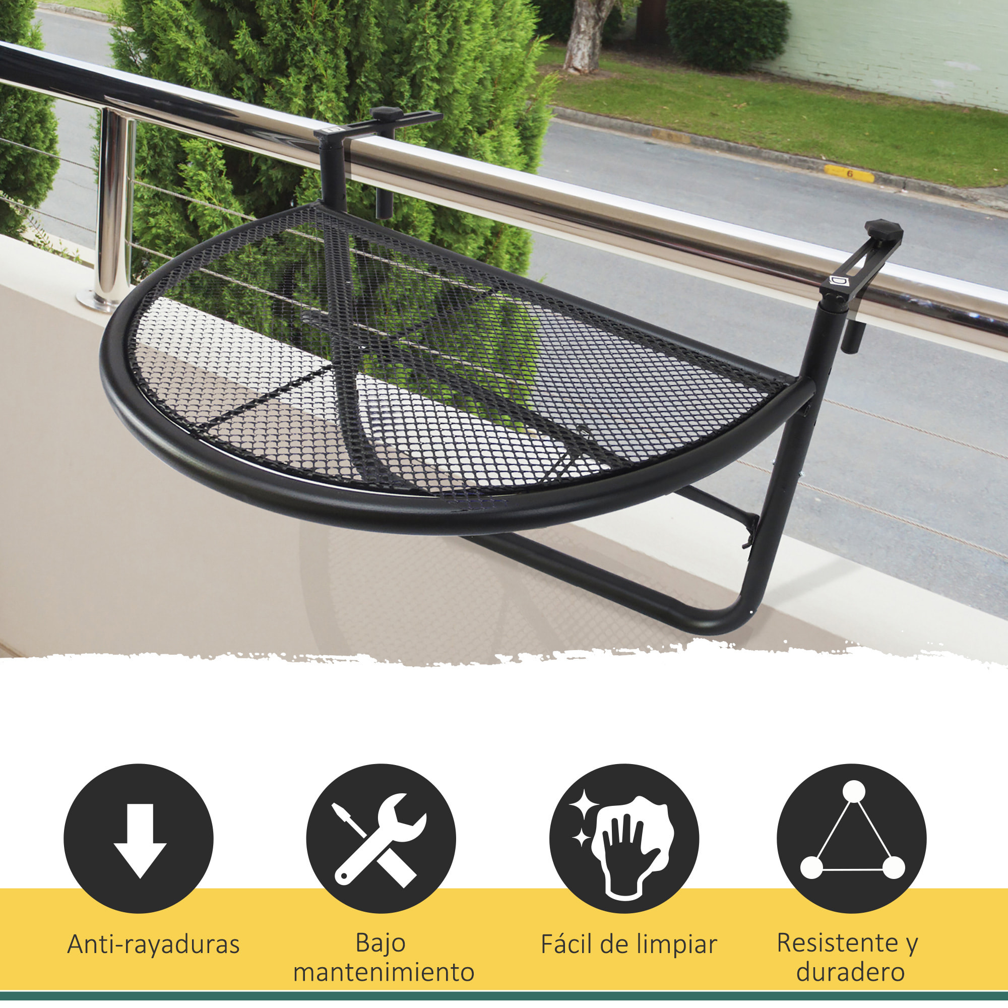 Mesa Colgante de Balcón Semicircular 60x47x50 cm Ajustable en Altura Simple y Conveniente para Barandilla de Balcón Terraza Patio