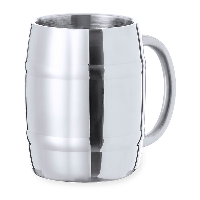 Jarra de acero inox en elegante acabado metálico. De 450 ml de capacidad, con cómoda asa y diseño en forma de barril.