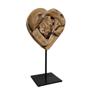 Sculpture artisanale cœur bois de teck massif, H 28 cm, socle métal noir - BAKOU