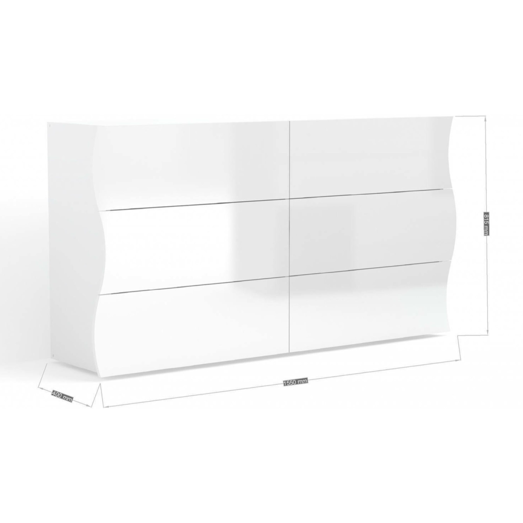 Comò ondulato, Made in Italy, Mobiletto per Soggiorno e Camera, Credenza 6 cassetti, colore Bianco lucido, cm 155x40h82