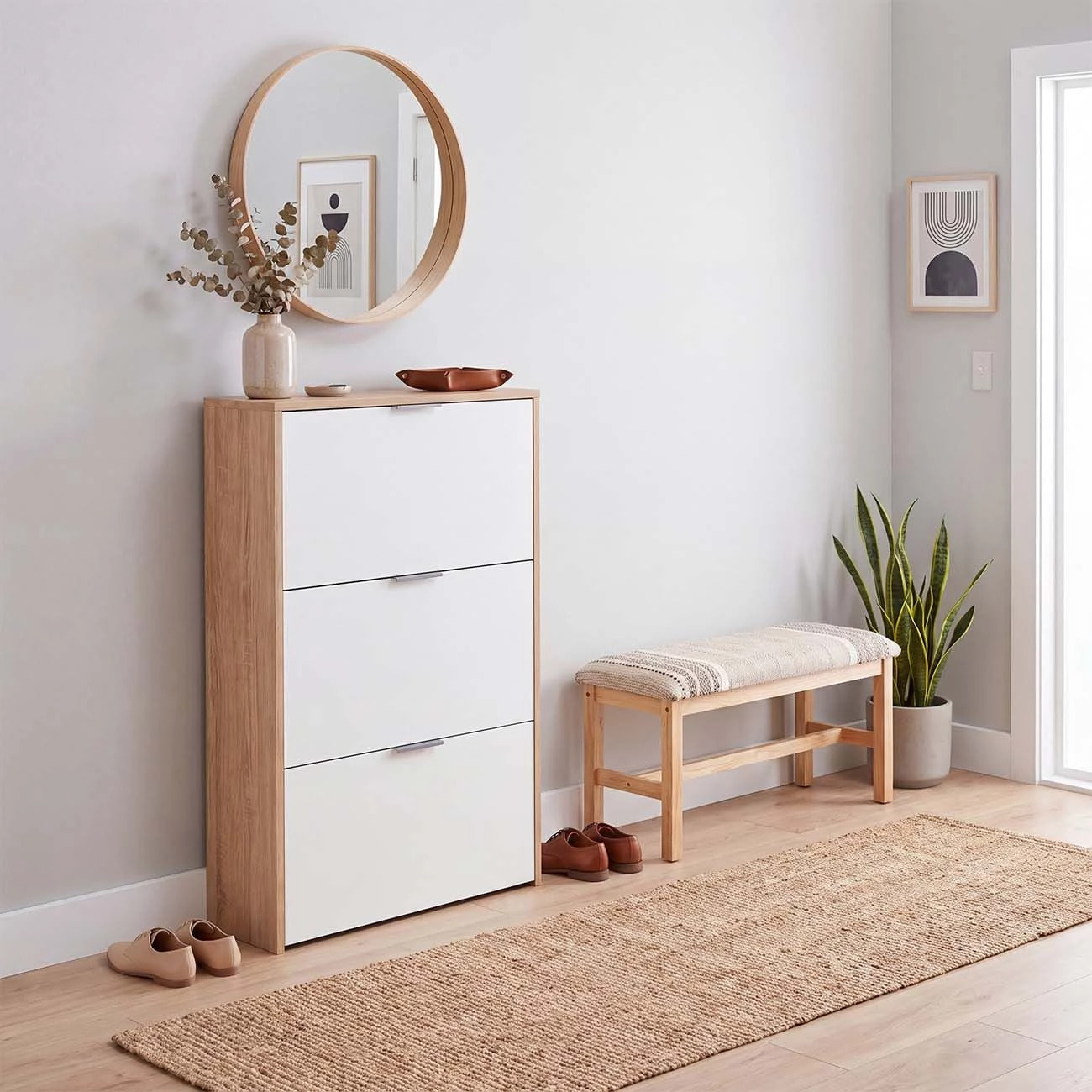 Zapatero de 3 puertas abatibles en roble canadian y blanco artik 60x113 cm Remi Roble Canadian - Blanco Artik (Blanco Mate)