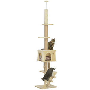 Árbol para Gatos de Suelo a Techo de 225-265 cm Árbol Rascador para Gatos con Altura Ajustable Múltiples Plataformas Escalera Bola Colgante Beige