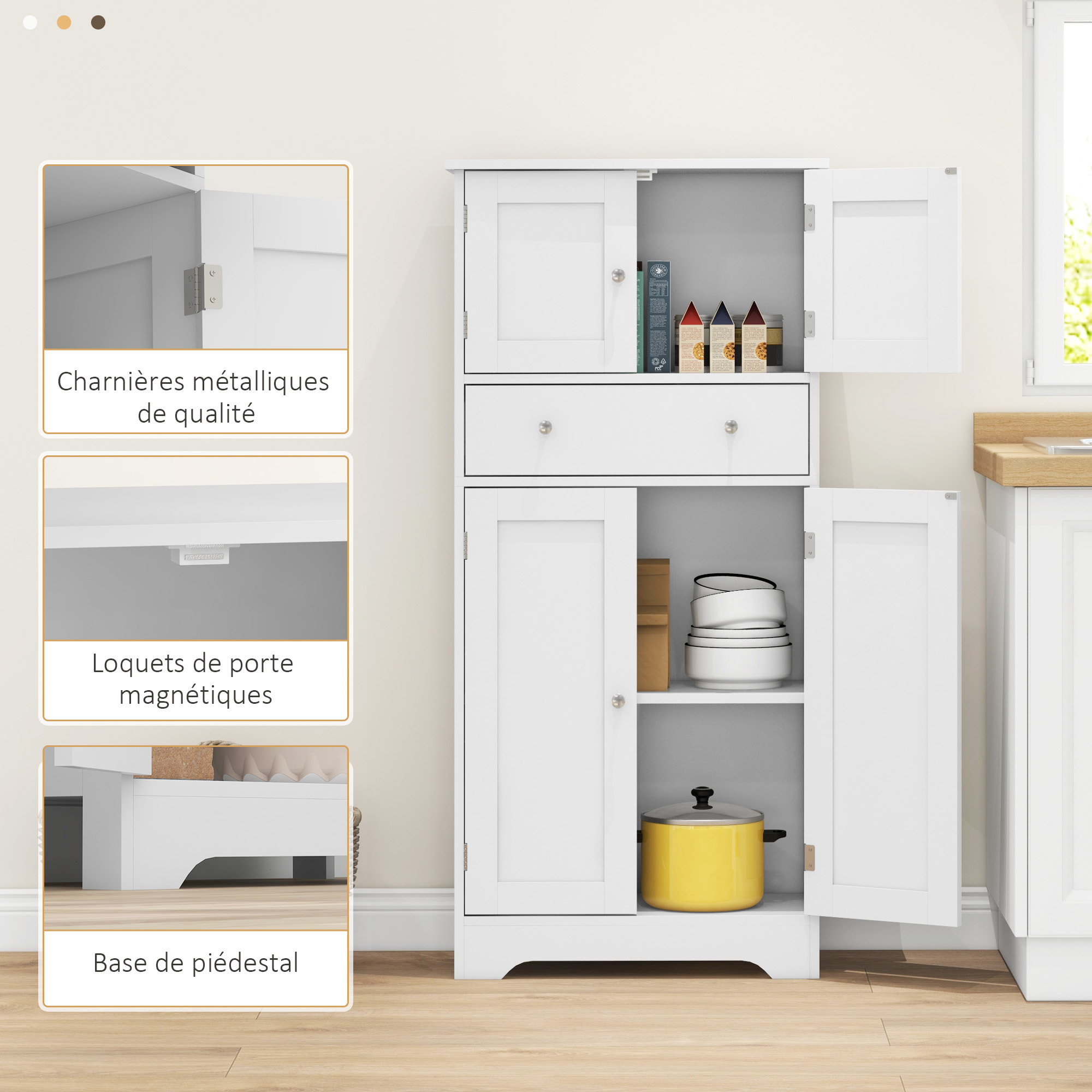 Armoire buffet cuisine - 4 portes, étagère, tiroir - dim. 60 x 30 x 128 cm - blanc