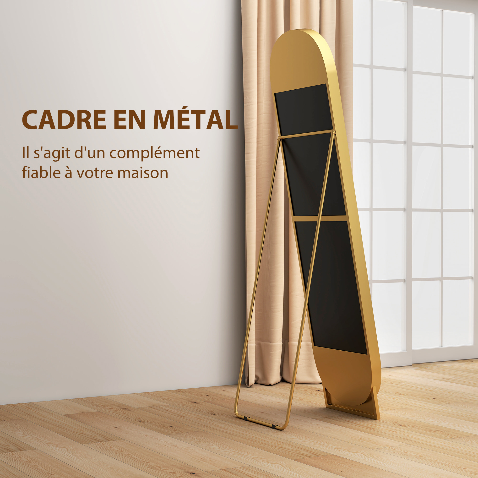 Miroir sur pied design métal doré dim. 40 x 160 cm autoportant ou à adosser