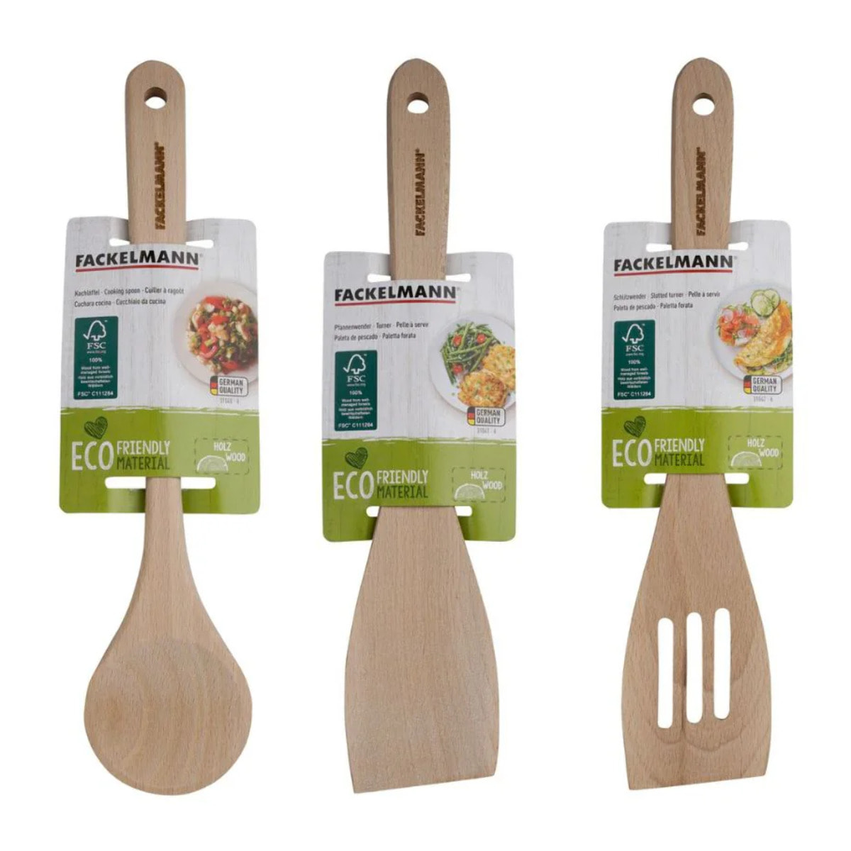 Lot de 3 ustensiles de cuisine en bois dont 2 spatules et une cuillère Fackelmann Nature