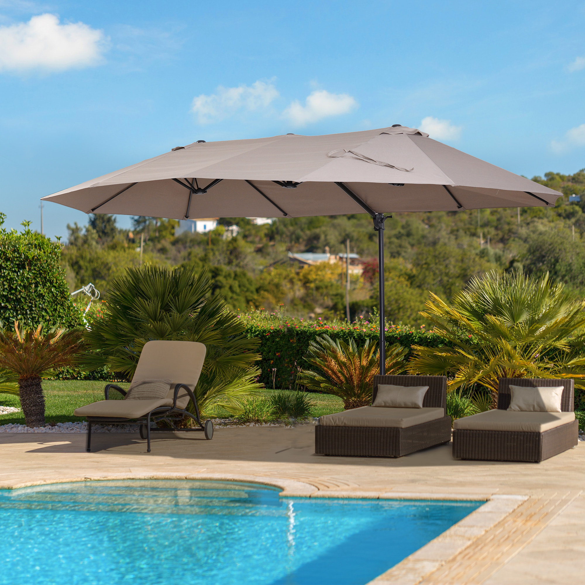 Parasol déporté grande taille XXL inclinable dim. 4,4L x 2,7l x 2,5H m piètement en acier inclus polyester marron