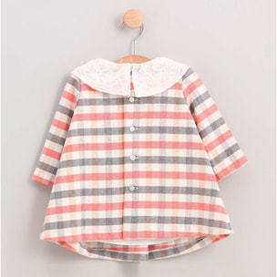 Vestido cuello bordado cuadros gris y rojo