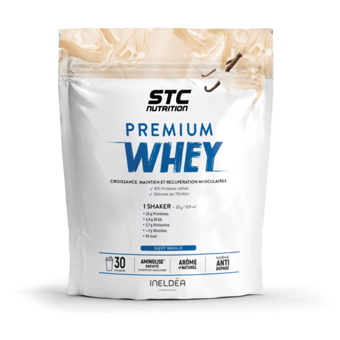 STC NUTRITION - Premium Whey - 80% de protéines natives de lactosérum - Croissance, maintien et réparation musculaires - Digestion facile - 30 Shakers - Doypack 750g