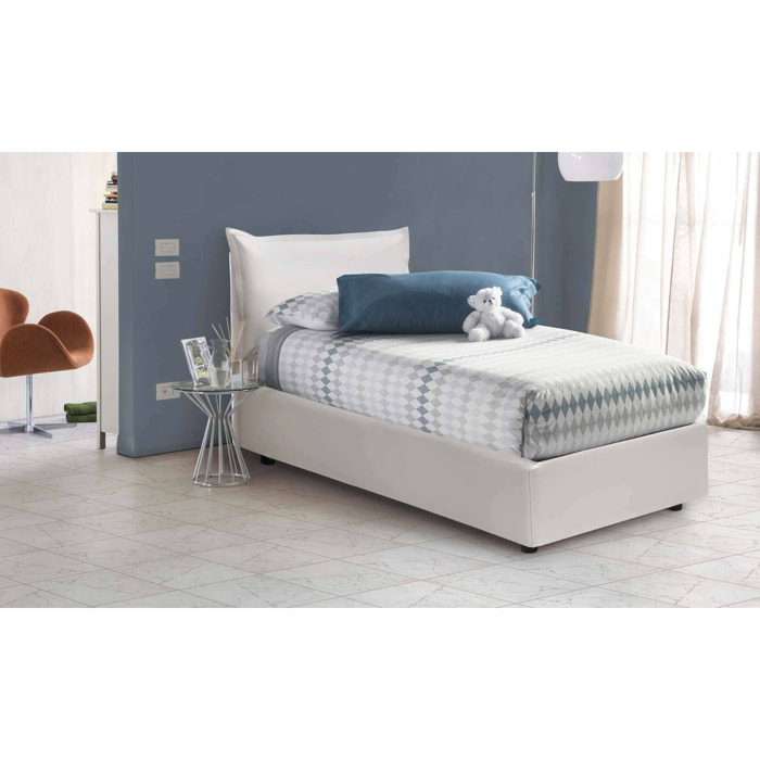 Letto singolo Anathema, Letto contenitore con rivestimento in ecopelle, 100% Made in Italy, Apertura laterale, adatto per materasso Cm 80x190, Bianco
