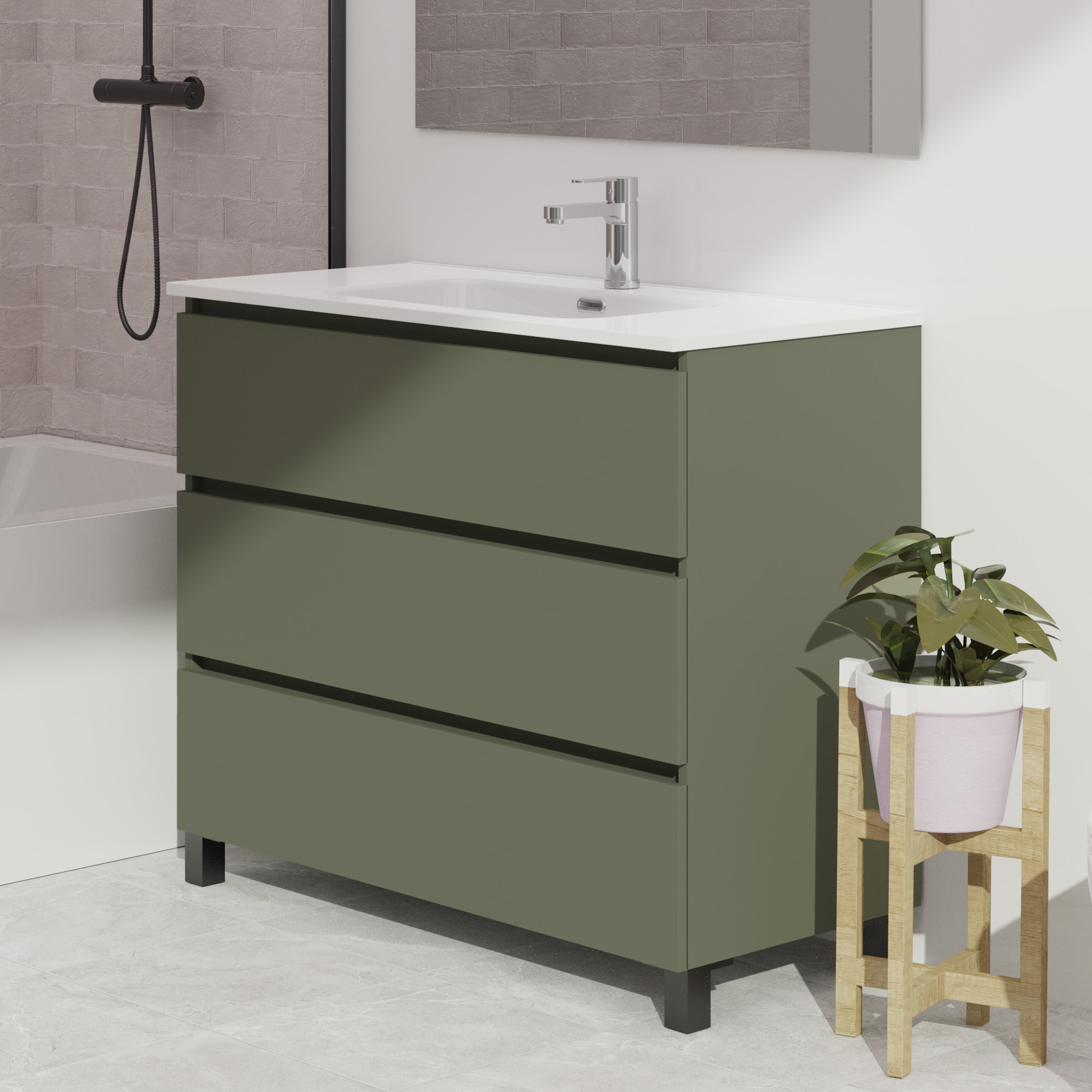 Ensemble De Salle De Bain Wink | 100 Cm Vert | 3 Tiroirs | Vasque Ceramique | N'Inclut Pas Miroir | Mueble Montado | Alday