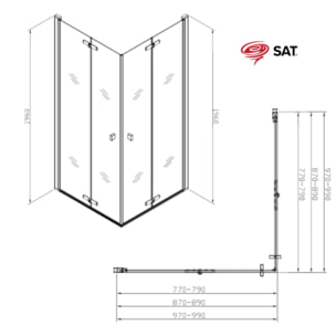 SAT SK  Porte de douche acces en angle pliantes 80x80cm  anticalcaire avec profilés noir mat (SATSK8080C)