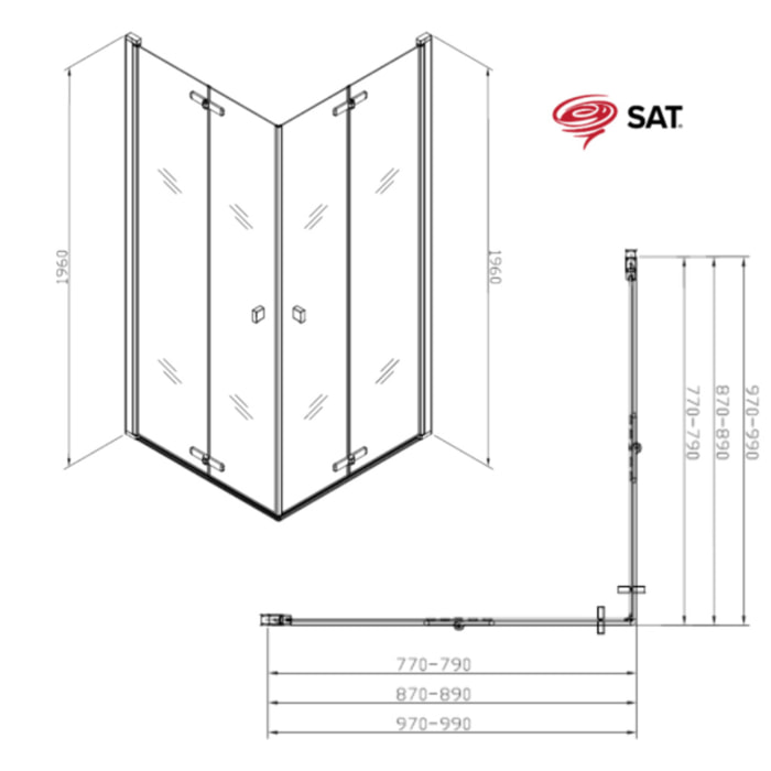 SAT SK  Porte de douche acces en angle pliantes 80x80cm  anticalcaire avec profilés noir mat (SATSK8080C)