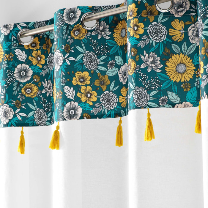 Voilage sablé imprimé floral - Bleu