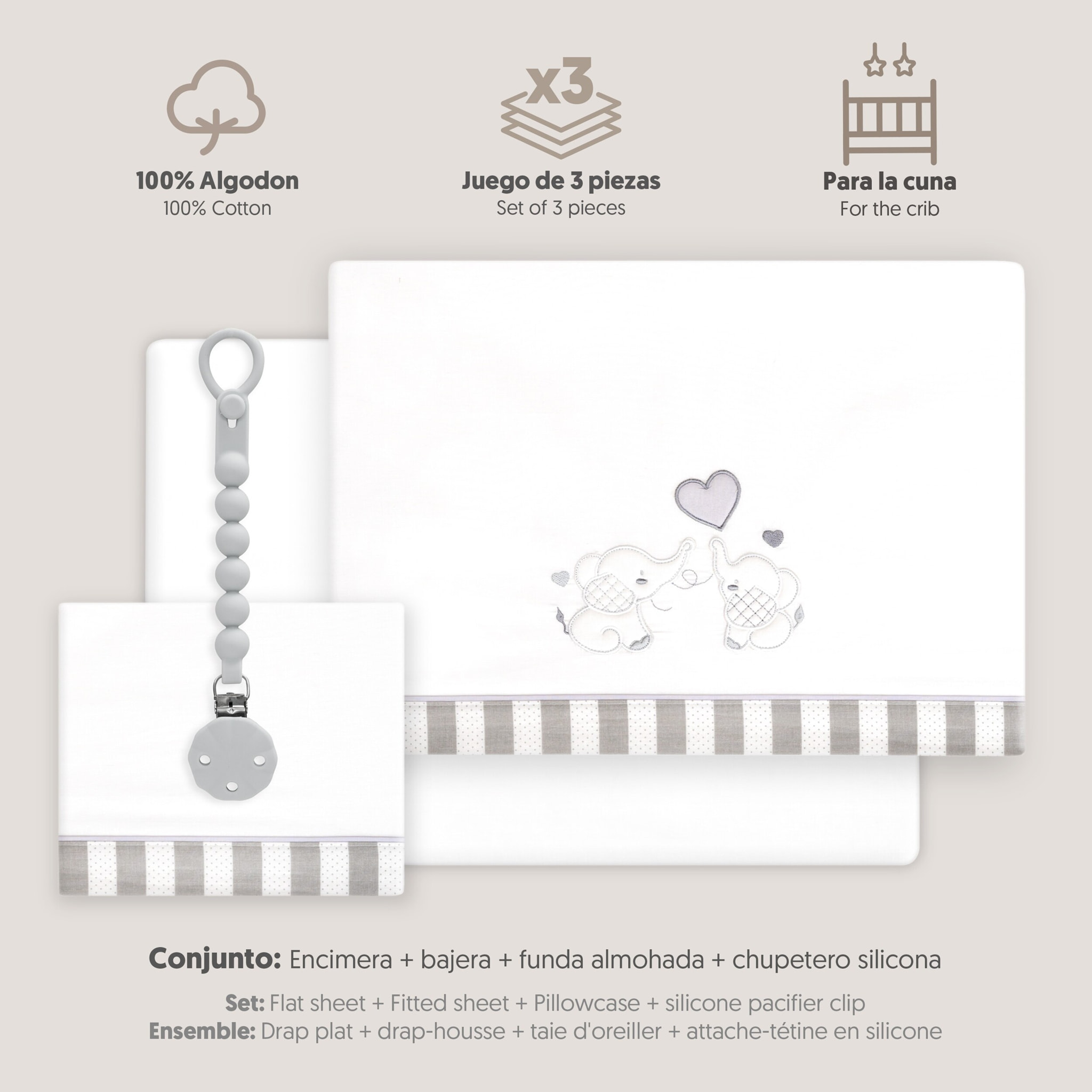 Triptico Cuna Parejita Elefante + Broche Bco/Gris