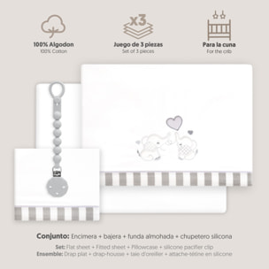 Triptico Cuna Parejita Elefante + Broche Bco/Gris