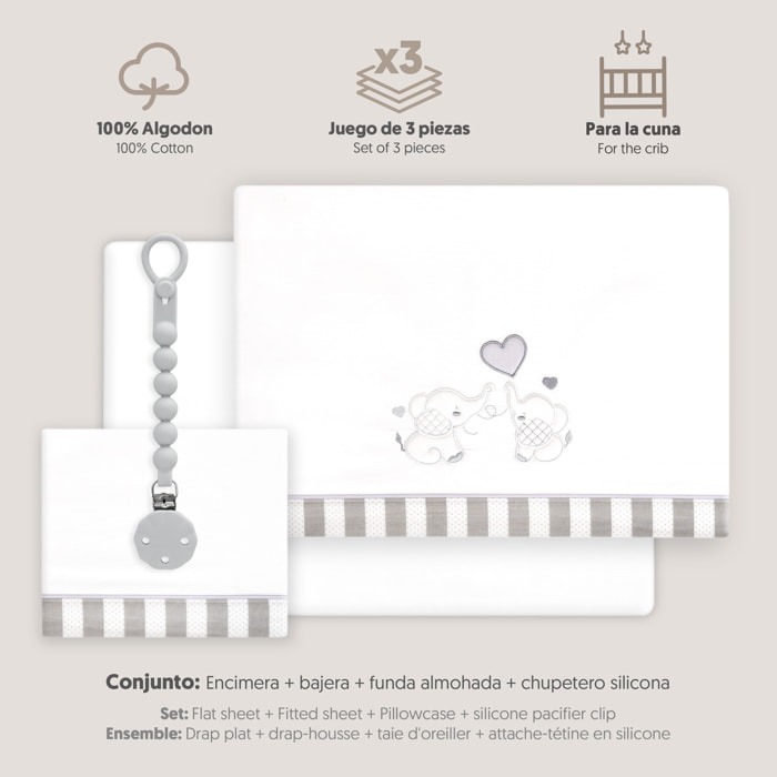 Triptico Cuna Parejita Elefante + Broche Bco/Gris