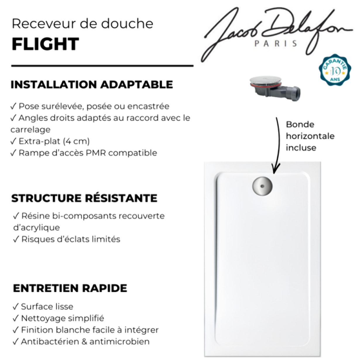 Receveur de douche 140 x 80 cm Flight rectangle blanc avec bonde horizontale chromé