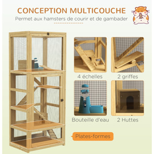 Cage pour rongeurs petits animaux en bois 5 niveaux - échelle, niche, balançoire, plateau amovible, abreuvoir