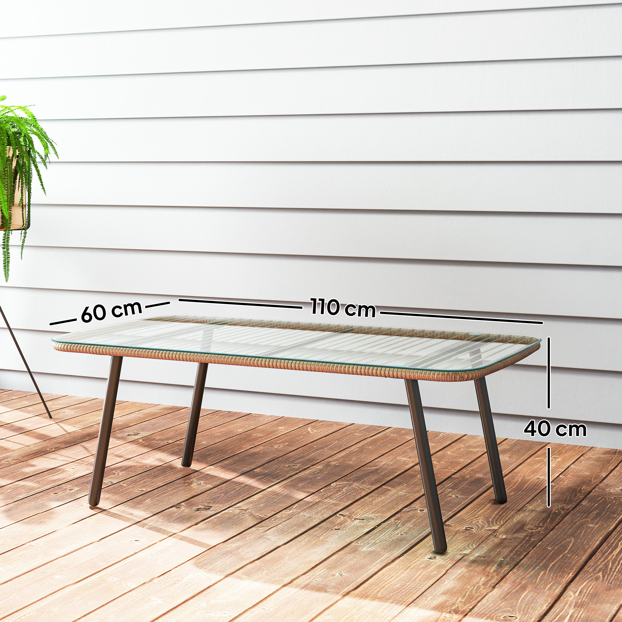 Table basse de jardin style Acapulco piètement incliné acier noir résine filée effet naturel plateau verre trempé