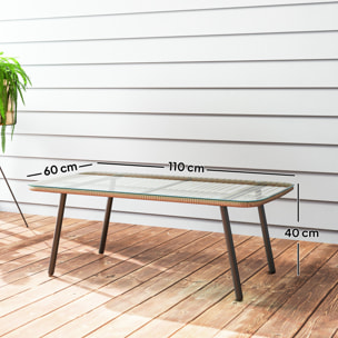 Table basse de jardin style Acapulco piètement incliné acier noir résine filée effet naturel plateau verre trempé